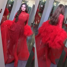 Load image into Gallery viewer, feather prom dresses high neck beaded red luxury sparkly prom gown vestido de fiesta