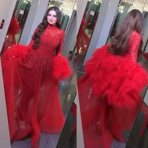 feather prom dresses high neck beaded red luxury sparkly prom gown vestido de fiesta