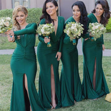 Load image into Gallery viewer, wedding party dresses 2020 long sleeve deep v neck hunter green mermaid cheap bridesmaid dresses