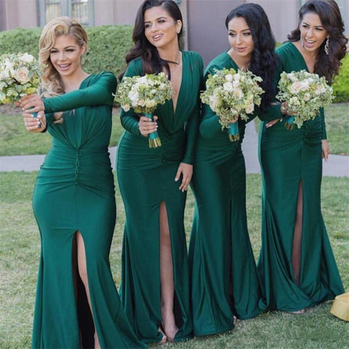 wedding party dresses 2020 long sleeve deep v neck hunter green mermaid cheap bridesmaid dresses