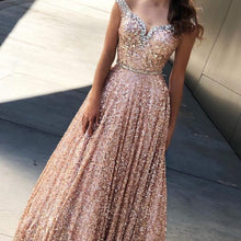 Load image into Gallery viewer, rose gold prom dresses 2020 beaded sparkly sequin a line prom gown 2021 vestido de festa