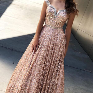 rose gold prom dresses 2020 beaded sparkly sequin a line prom gown 2021 vestido de festa