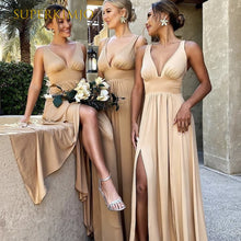 Load image into Gallery viewer, v neck champagne bridesmaid dresses long 2020 a-line custom cheap wedding guest dresses 2021