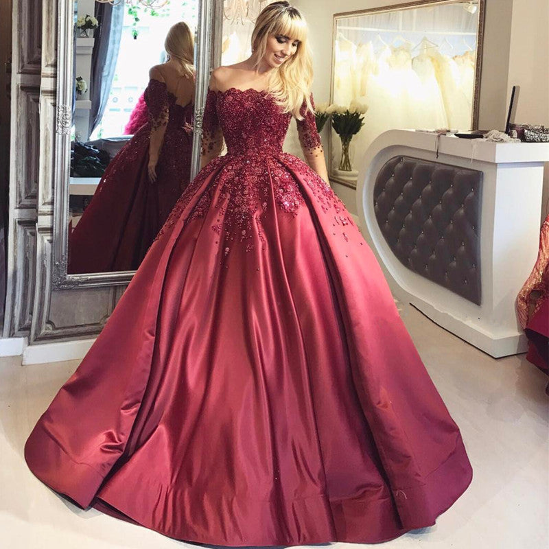 Ball Gown Square Neck Maroon Satin Quinceanera Dress With Appliques M4481 | Ball  gowns, Gowns, Hairstyles for gowns