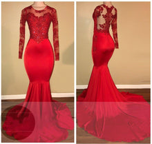 Load image into Gallery viewer, vestido de longo 2020 red evening dresses long sleeve mermaid lace appliqué modest elegant evening gowns formal dress