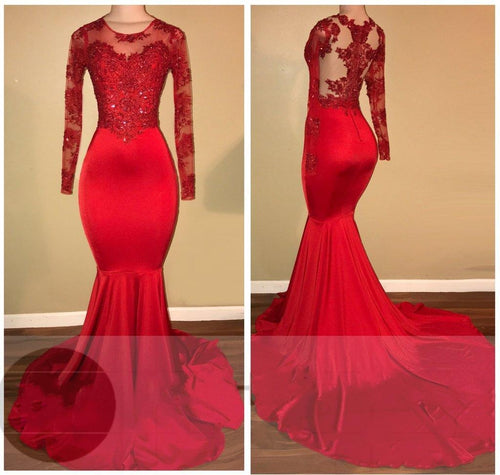 vestido de longo 2020 red evening dresses long sleeve mermaid lace appliqué modest elegant evening gowns formal dress