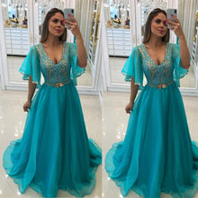 Load image into Gallery viewer, turquoise blue prom dresses long short sleeve lace appliqué beaded elegant prom gown robe de soiree