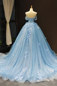 blue wedding dresses boho off the shoulder lace appliqué 3d flowers elegant ball gown wedding gowns