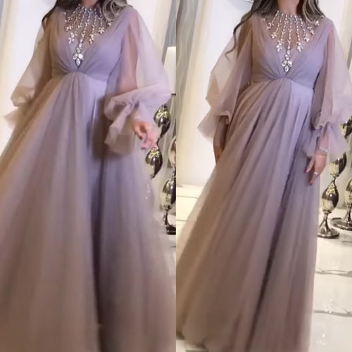 beaded prom dresses long flare sleeve high neck arabic tulle elegant prom gown Vestido de longo