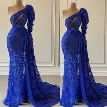 Load image into Gallery viewer, one shoulder royal blue evening dresses long sleeve lace applique beaded elegant modest formal dresses
