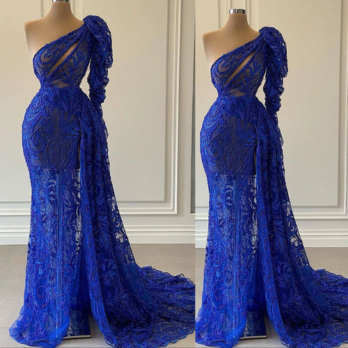 one shoulder royal blue evening dresses long sleeve lace applique beaded elegant modest formal dresses
