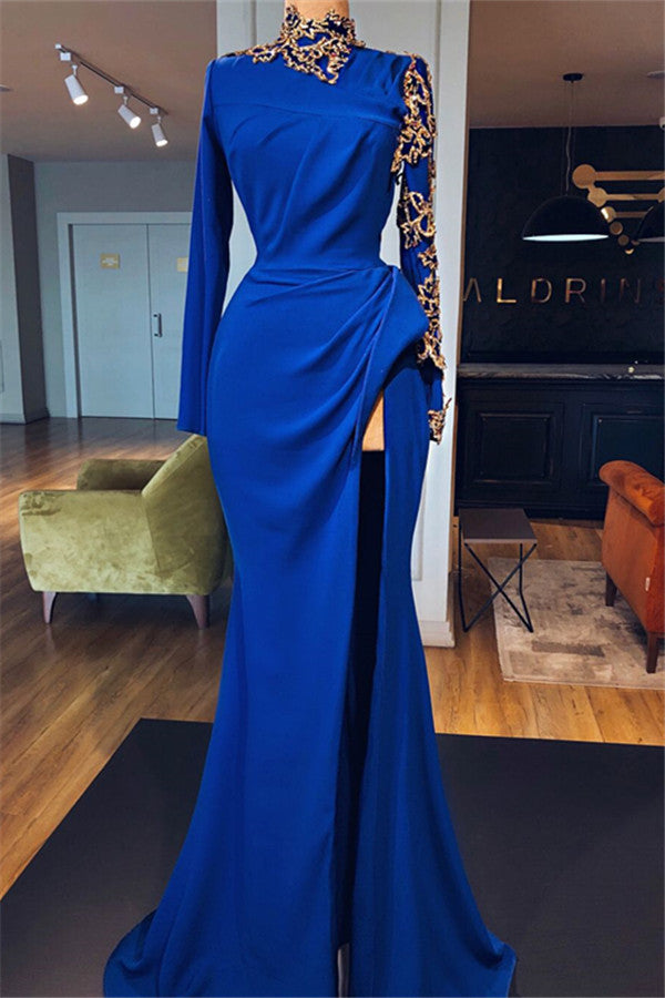 royal blue evening dresses long sleeve high neck elegant beaded simple evening gown formal dress