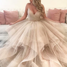 Load image into Gallery viewer, champagne tiered prom dress ball gown spaghetti strap tulle simple elegant prom gown vestido de longo