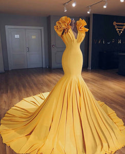 luxury evening dresses long mermaid yellow elegant modest deep v neck evening gown formal dress 2020
