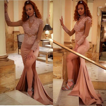 Load image into Gallery viewer, African dusty pink evening dresses long sleeve high neck Lace Applique mermaid sexy formal evening gown