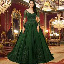 Load image into Gallery viewer, vintage green prom dresses ball gown lace applique beaded long sleeve elegant wedding gown