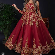 Load image into Gallery viewer, red gold lace prom dresses ball gown boat neck long sleeve sparkly arabic prom gown vestido de fiesta