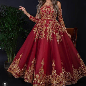 red gold lace prom dresses ball gown boat neck long sleeve sparkly arabic prom gown vestido de fiesta