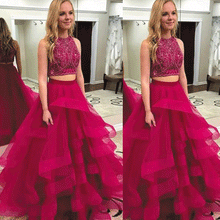 Load image into Gallery viewer, 2 piece prom dress ball gown beaded crystals hot pink tiered luxury senior formal dresses abendkleider