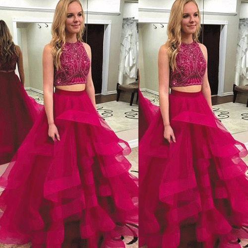2 piece prom dress ball gown beaded crystals hot pink tiered luxury senior formal dresses abendkleider