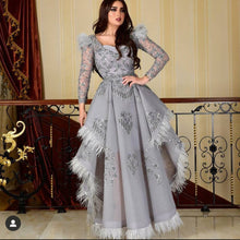 Load image into Gallery viewer, gray prom dresses 2021 feather luxury beaded crystal arabic vintage prom gown robe de soiree