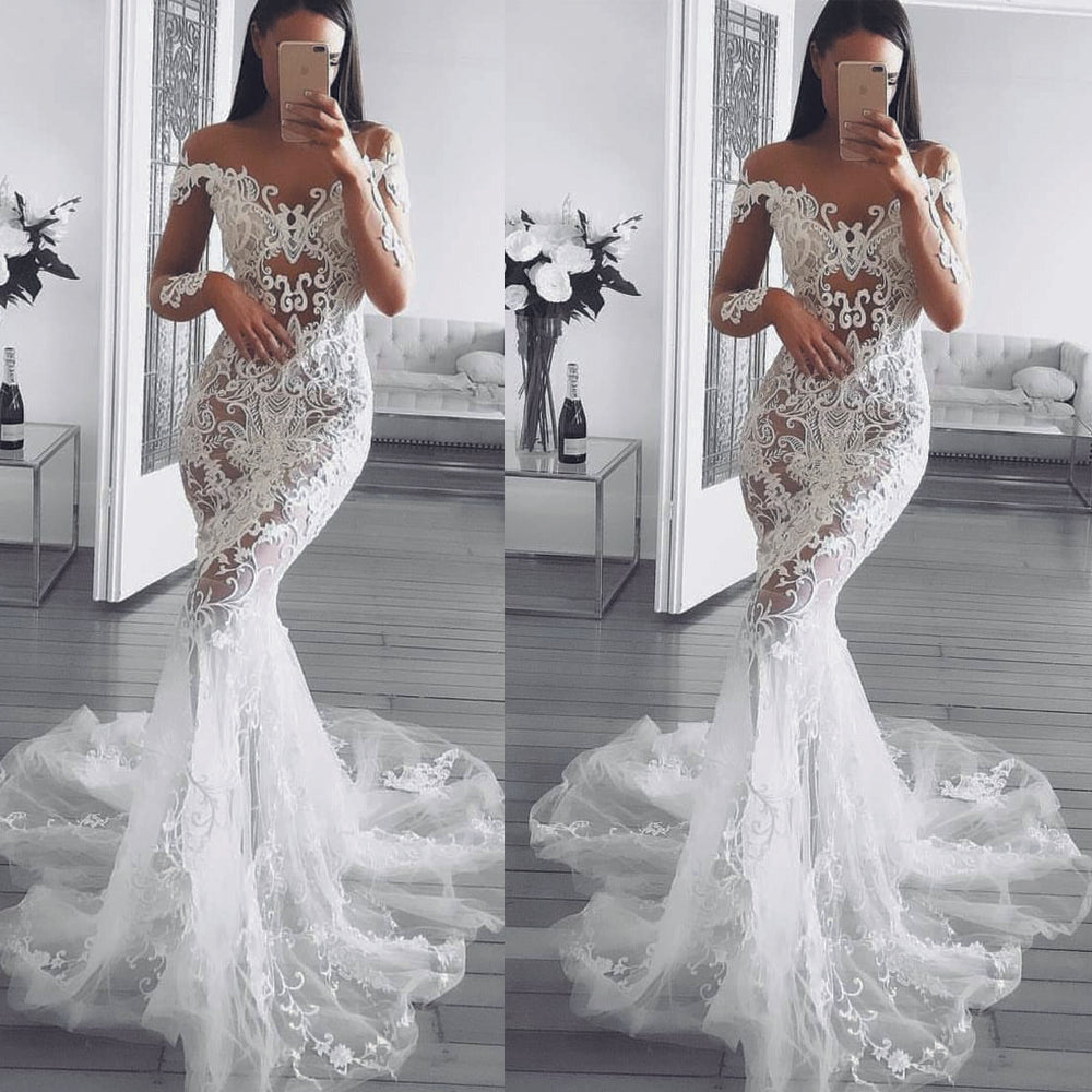 Long Sleeve Lace Applique Wedding Dresses Mermaid Bridal Dresses