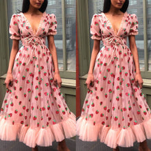 Load image into Gallery viewer, strawberry sparkly prom dresses short sleeve v neck pink tea length cheap beautiful prom gown 2021