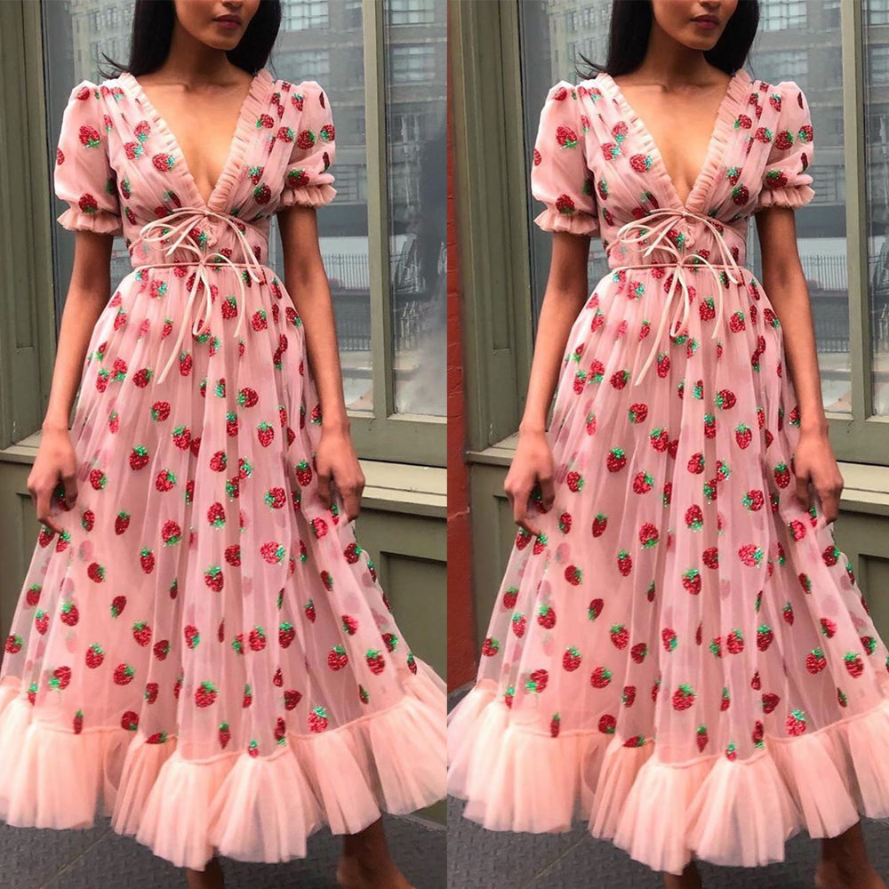 strawberry sparkly prom dresses short sleeve v neck pink tea length cheap beautiful prom gown 2021