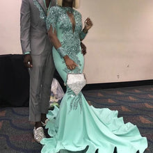 Load image into Gallery viewer, African sparkly evening dresses long sleeve mermaid beaded appliqué modest turquoise blue formal evening gown