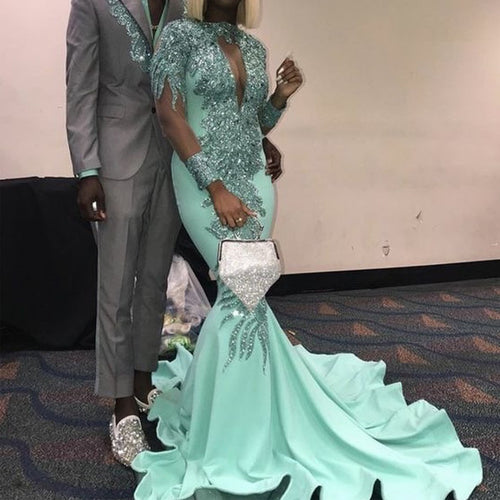 African sparkly evening dresses long sleeve mermaid beaded appliqué modest turquoise blue formal evening gown