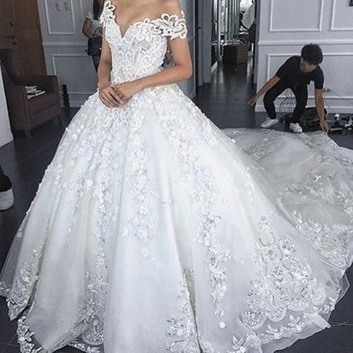 boho wedding dresses ball gown lace appliqué beaded chapel train luxury wedding gowns robe de mariee