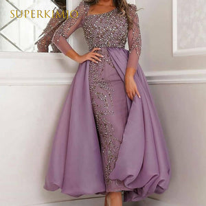 purple beaded prom dresses long sleeve crystals arabic elegant Dubai fashion prom gown