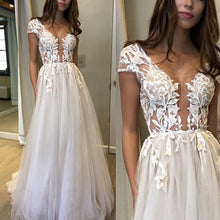 Load image into Gallery viewer, short sleeve lace appliqué wedding dresses 2020 a line tulle elegant deep v neck cheap bridal dresses