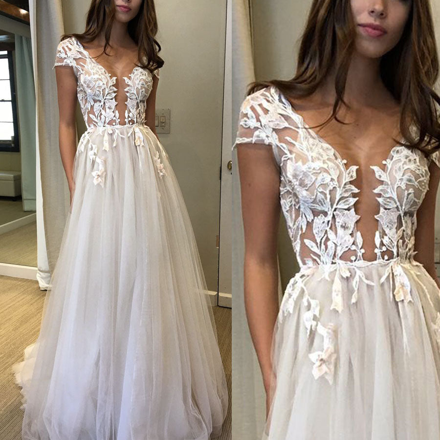 short sleeve lace appliqué wedding dresses 2020 a line tulle elegant deep v neck cheap bridal dresses