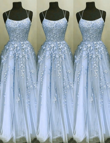 blue prom dresses long spaghetti strap lace applique elegant simple prom gown vestido de longo