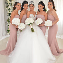 Load image into Gallery viewer, dusty pink bridesmaid dresses long mermaid strapless elegant cheap wedding party dresses 2021