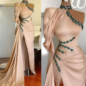 vestidos high neck evening dresses long beaded detachable skirt elegant vintage champagne evening gown 2021