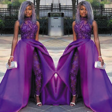 Load image into Gallery viewer, detachable skirt prom dresses 2020 purple jumpsuit for women lace appliqué beaded sparkly pant suit for weddings