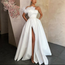 Load image into Gallery viewer, white prom dresses 2020 feather satin a line elegant cheap prom gown 2021 vestido de fiesta