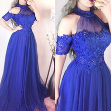 Load image into Gallery viewer, royal blue simple prom dresses long high neck lace applique beaded a line tulle prom gown 2021