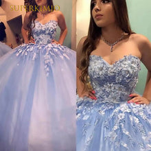 Load image into Gallery viewer, sweetheart neck blue prom dresses ball gown 2021 vestido de graduacion sweet 16 dresses lace applique prom gown