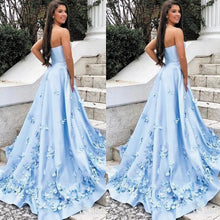 Load image into Gallery viewer, blue prom dresses 2020 handmade flowers satin sweetheart neck elegant prom gowns abendkleider