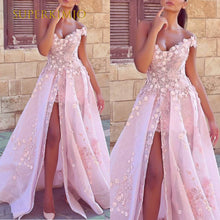 Load image into Gallery viewer, pink floral prom dresses 2020 off the shoulder lace applique elegant prom gown 2021 vestido de fiesta