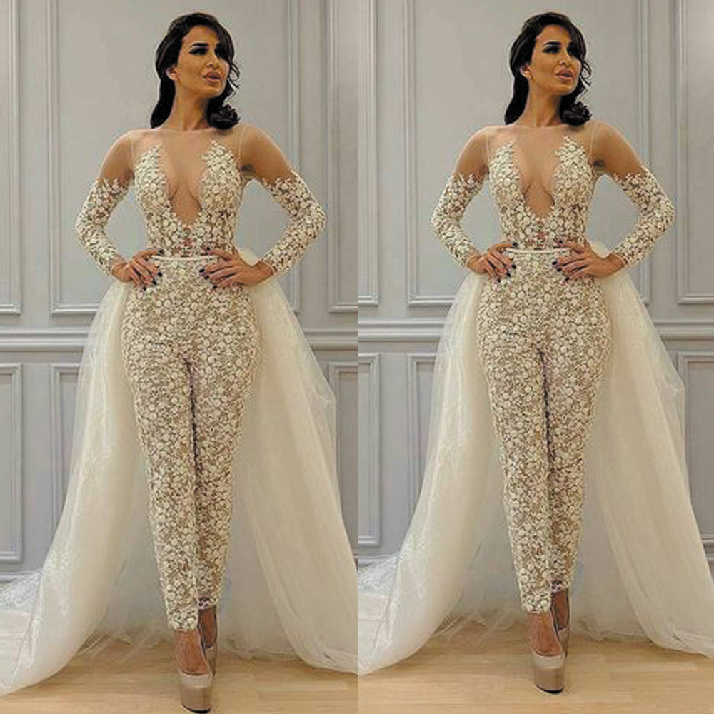 off white jumpsuit for women lace appliqué detachable skirt pant suits for weddings evening dress