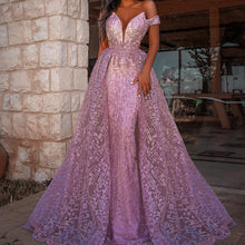 Load image into Gallery viewer, pink off the shoulder prom dresses with removable skirt elegant lace applique cheap prom gowns 2022