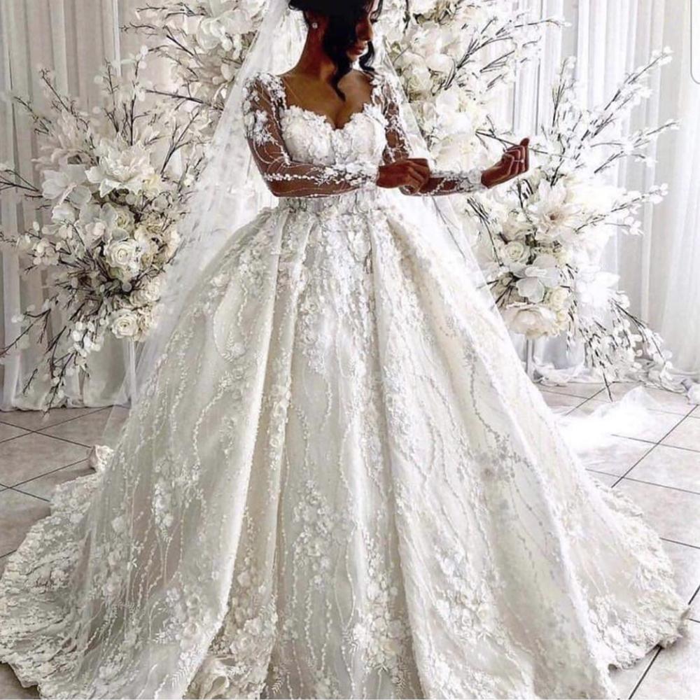 3D Flowers Lace Wedding Gowns V-Neck Princess A-Line Long Sleeves Bridal  Dresses
