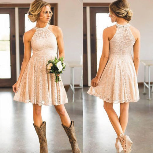 champagne lace bridesmaid dresses short beaded o neck a line cheap wedding party dresses