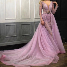 Load image into Gallery viewer, deep v neck beaded prom dresses 2021 long sleeve pink detachable skirt prom gown 2020 abendkleider