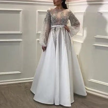 Load image into Gallery viewer, white beaded prom dresses long flare sleeve crystals elegant cheap prom gown 2021 vestido de Longo