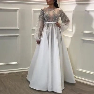 white beaded prom dresses long flare sleeve crystals elegant cheap prom gown 2021 vestido de Longo